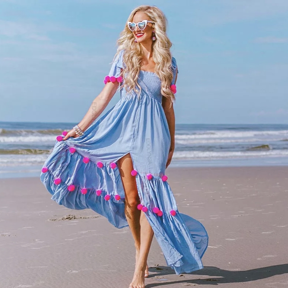 NWT Summer Pom Pom Beach Vacation Maxi Dress S: Small-Medium